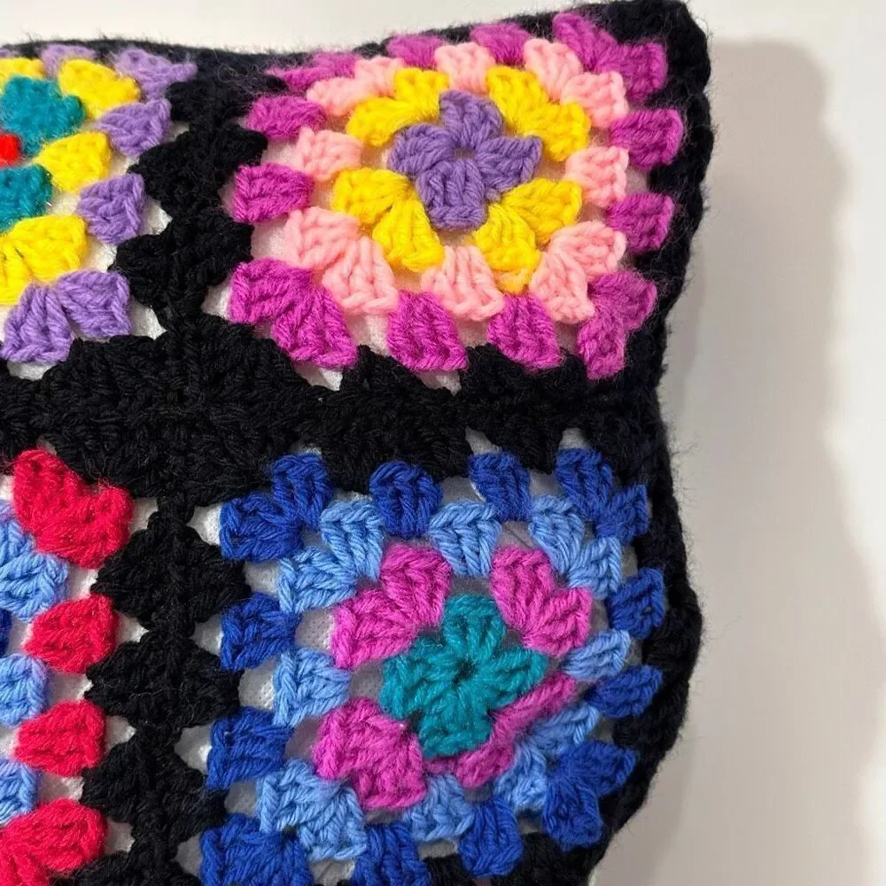 Pillow Crocheted Granny Square Colorful Decoration Black 14”x14”